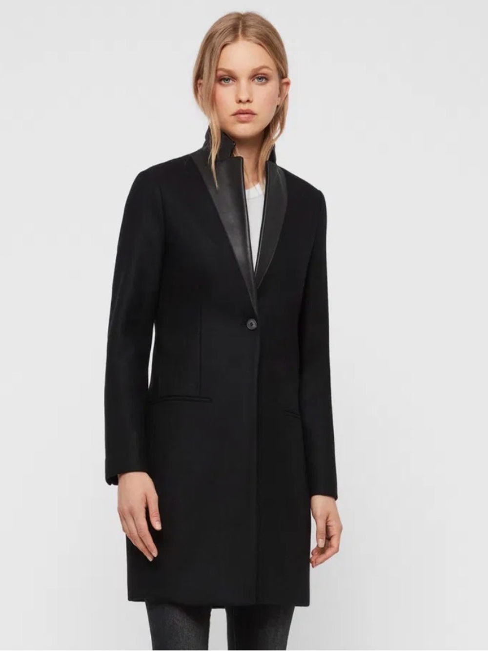 All Saints Black Women’s Leni Lea Coat with Supple Leather Collar